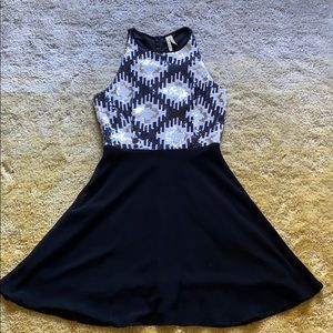 Black, White & Gold Sequin High Neck Skater Dress | Small
